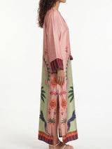 Tropical Palm V Neck Wide Sleeve Resort Slit Satin Kaftan Maxi Dress
