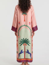 Tropical Palm V Neck Wide Sleeve Resort Slit Satin Kaftan Maxi Dress