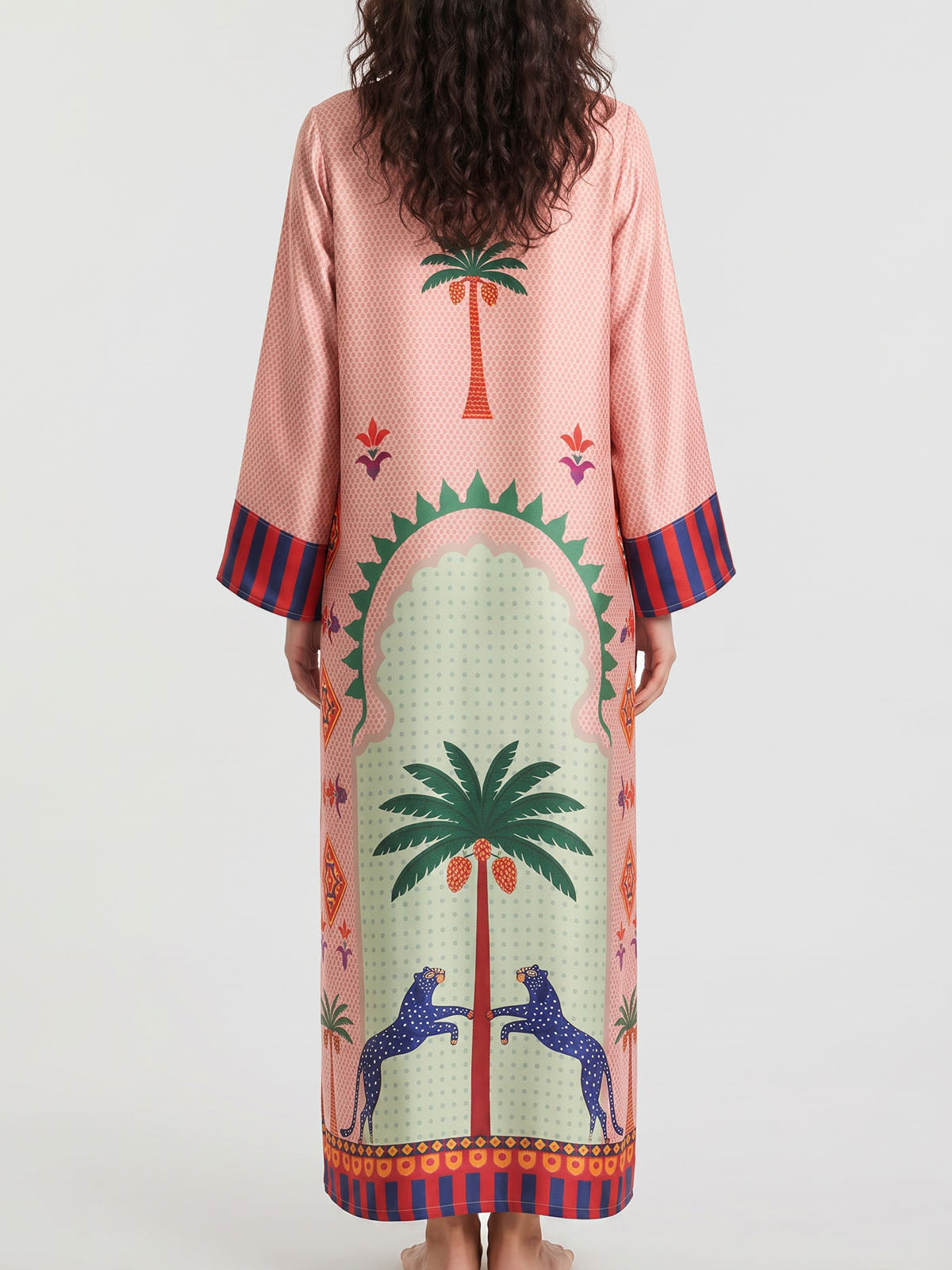 Tropical Palm V Neck Wide Sleeve Resort Slit Satin Kaftan Maxi Dress