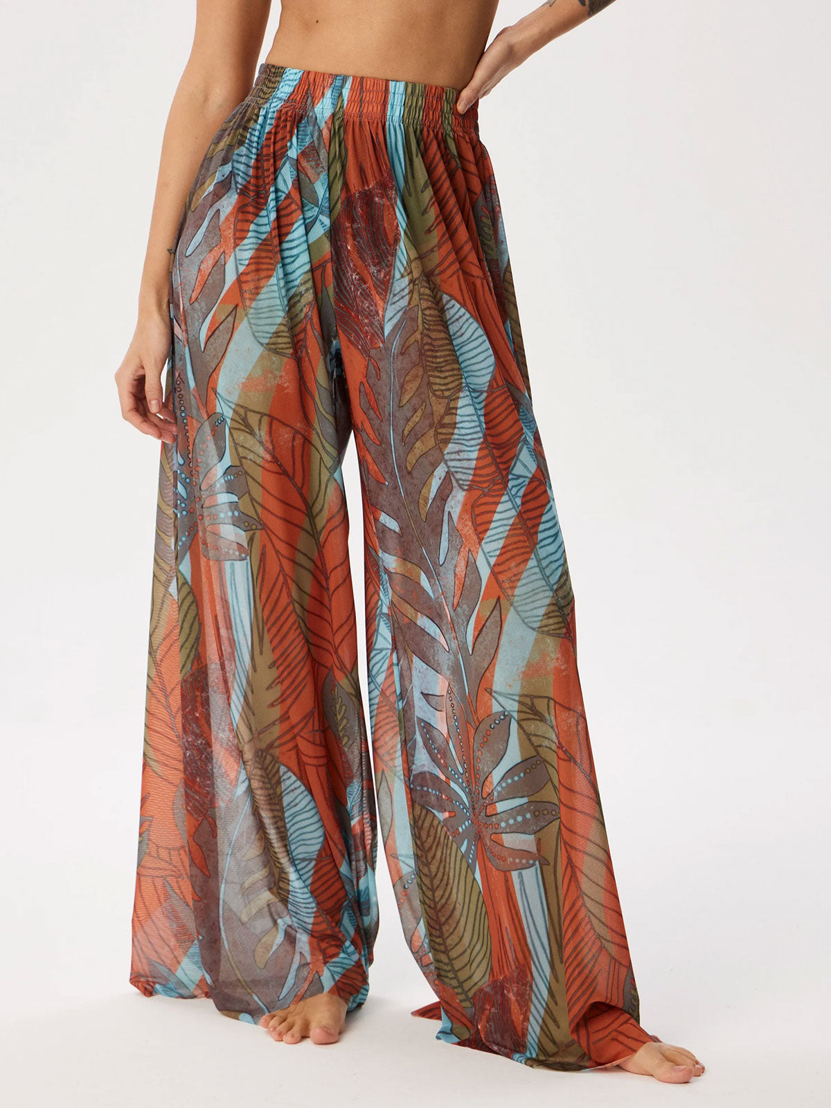 Tropical Printed Ruched High Waist Resort Wide Leg Pants
