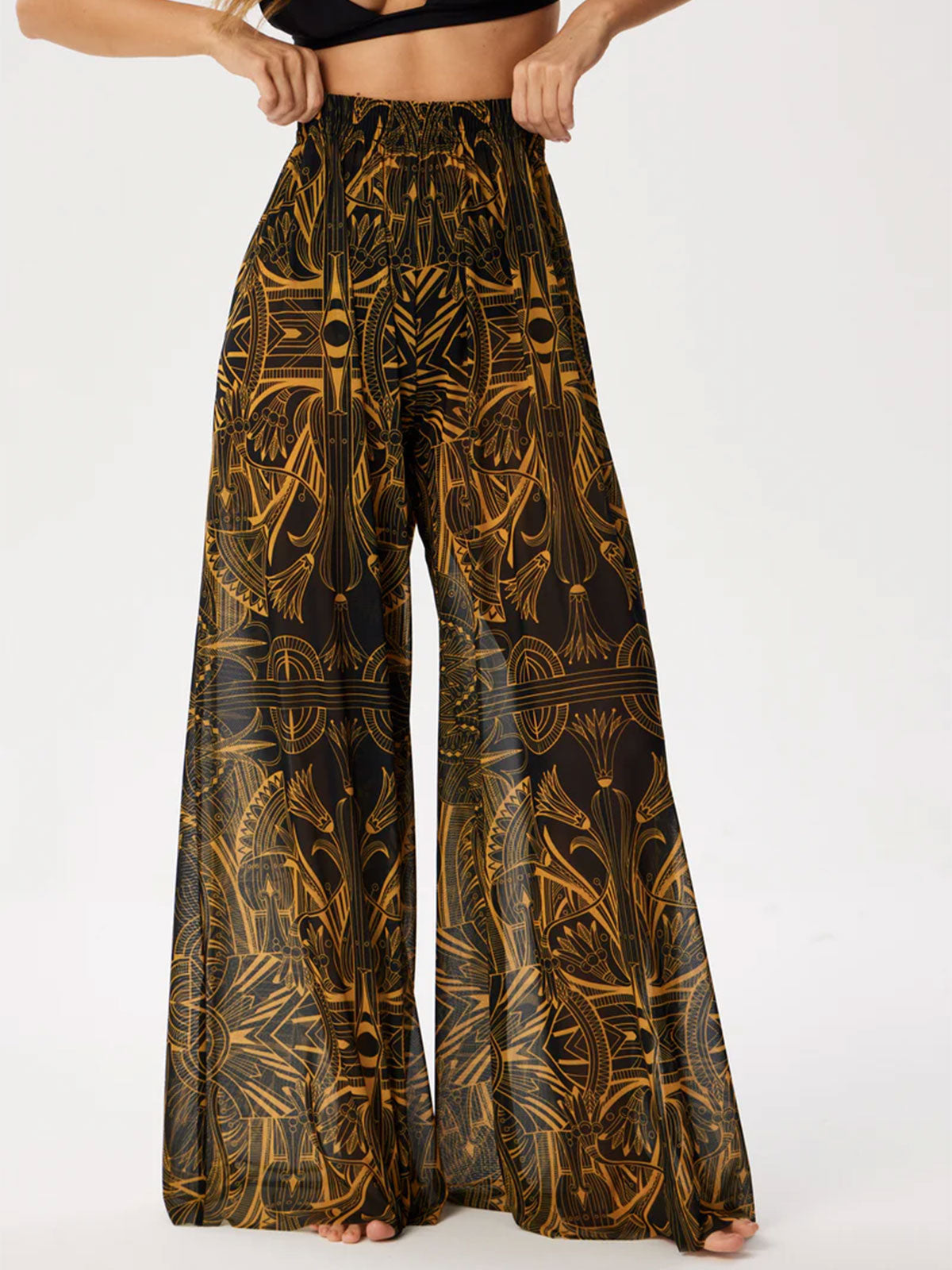 Tropical Printed Ruched High Waist Resort Wide Leg Pants