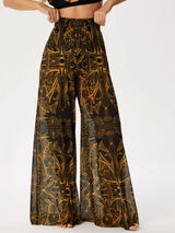 Tropical Printed Ruched High Waist Resort Wide Leg Pants
