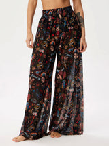 Tropical Printed Ruched High Waist Resort Wide Leg Pants