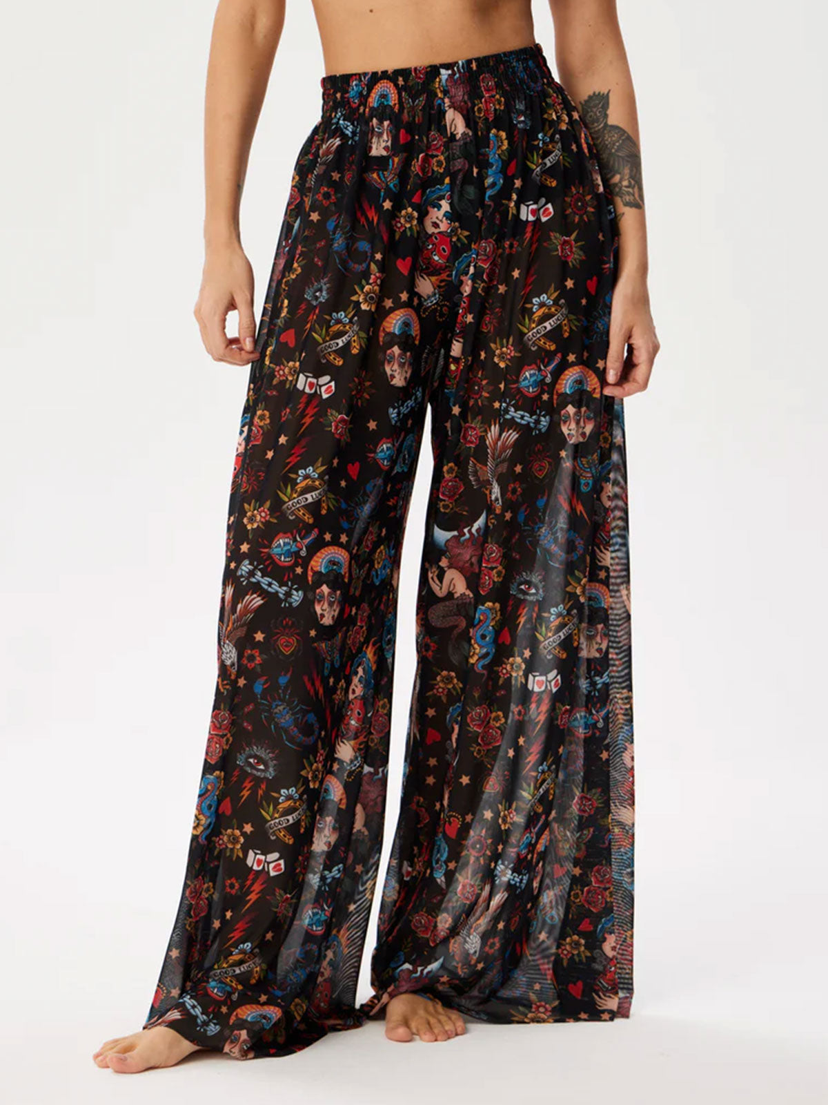 Tropical Printed Ruched High Waist Resort Wide Leg Pants