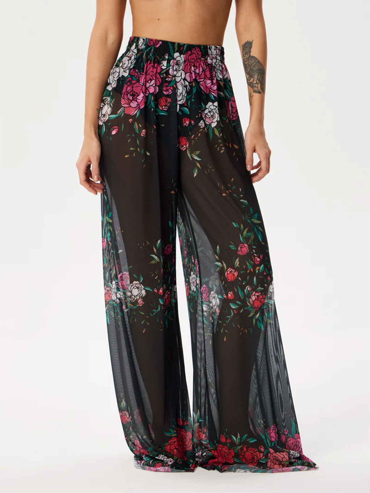 Tropical Printed Ruched High Waist Resort Wide Leg Pants