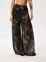 Tropical Printed Ruched High Waist Resort Wide Leg Pants