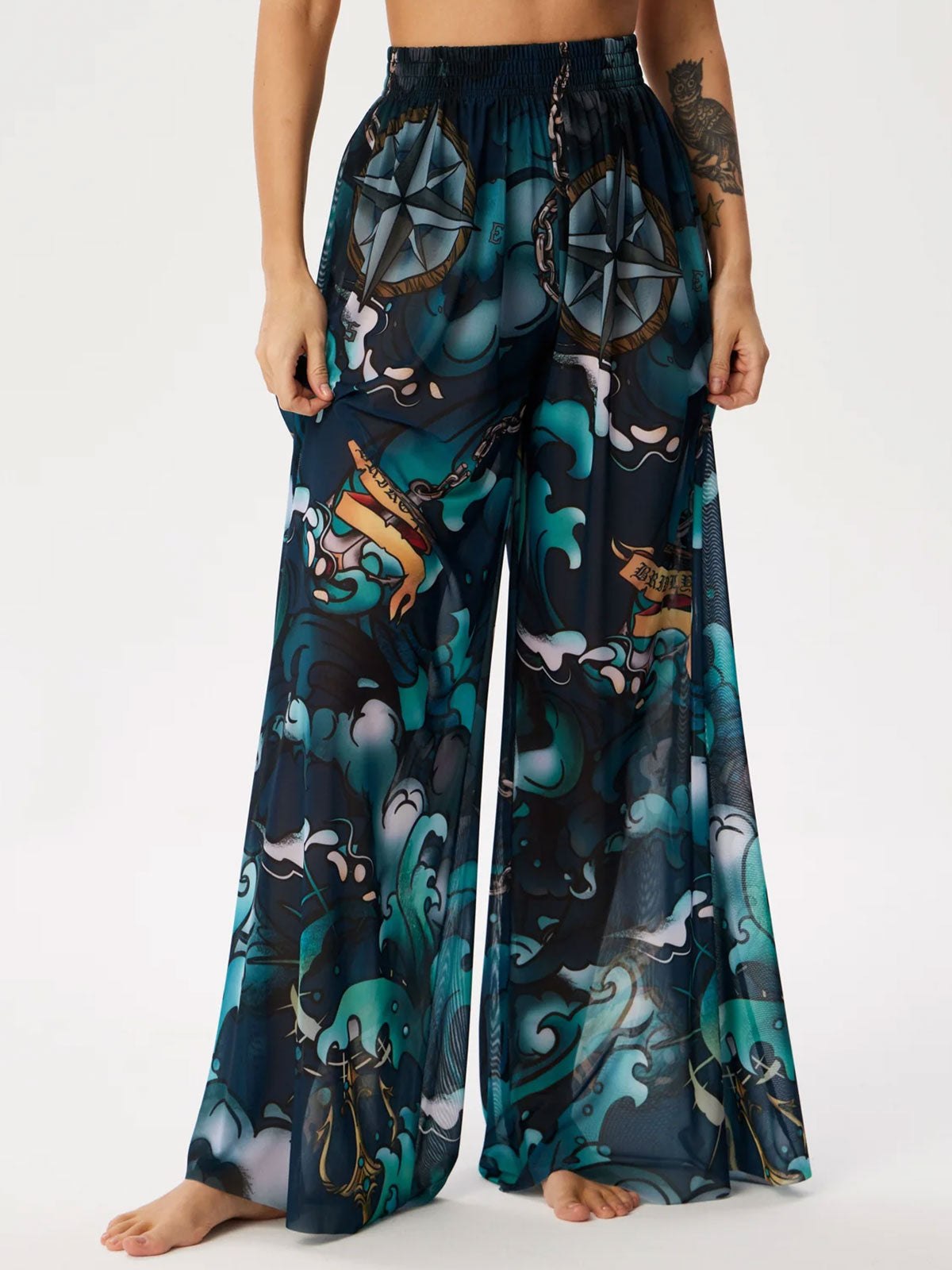 Tropical Printed Ruched High Waist Resort Wide Leg Pants