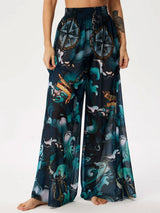Tropical Printed Ruched High Waist Resort Wide Leg Pants
