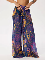 Tropical Printed Ruched High Waist Resort Wide Leg Pants