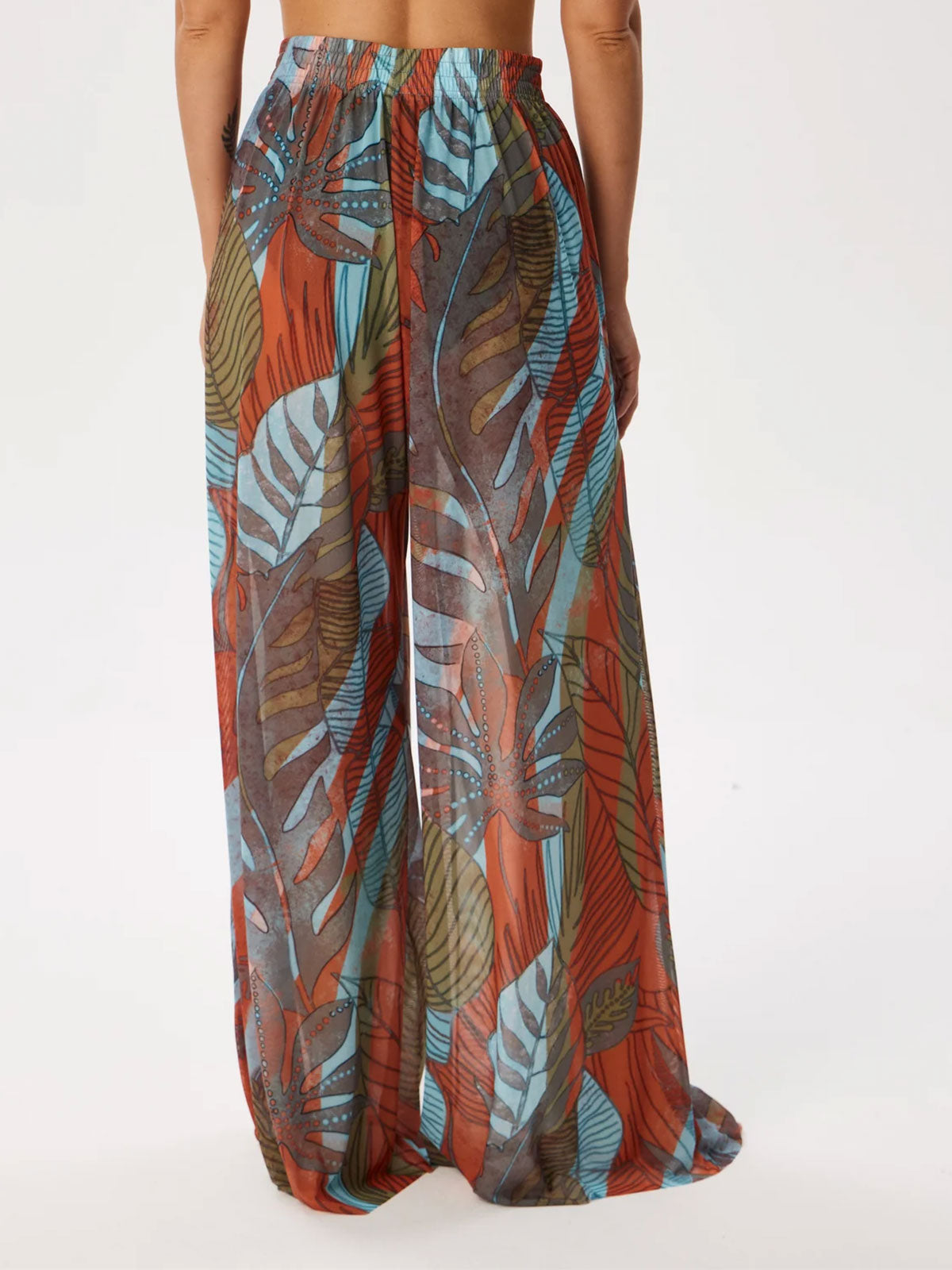 Tropical Printed Ruched High Waist Resort Wide Leg Pants