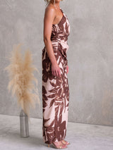 Tropical Tie One Shoulder Ruched Trim Column Resort Printed Maxi Dress