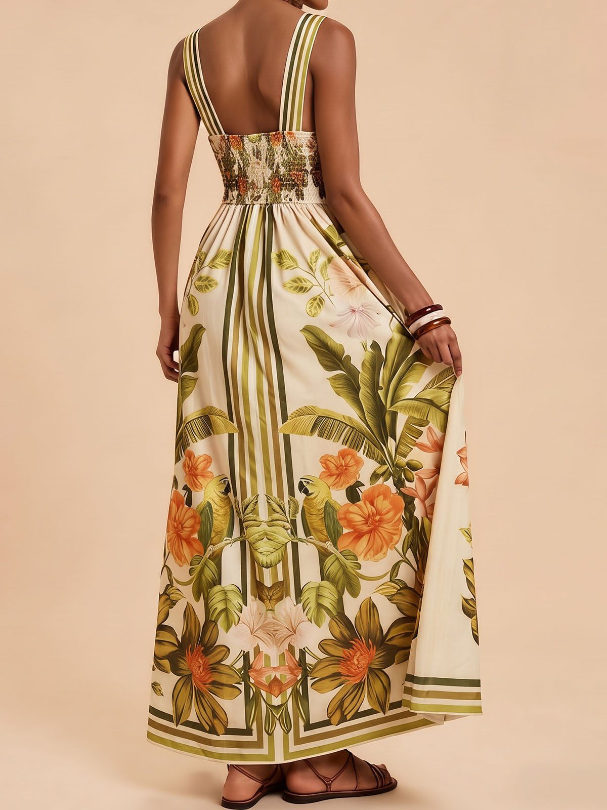Tropical V Neck Sleeveless High Waist Resort Striped Floral Maxi Dress