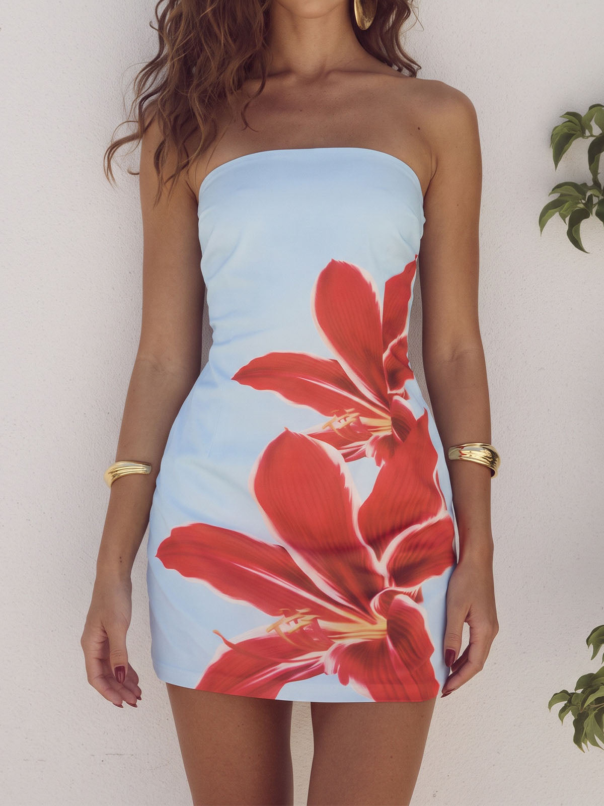Vibrant Contrast Watercolor Floral Summer Bodycon Strapless Mini Dress