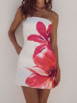 Vibrant Contrast Watercolor Floral Summer Bodycon Strapless Mini Dress