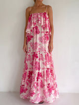 Vibrant Floral Print Square Neck Resort Tiered Ruffle Slip Maxi Dress