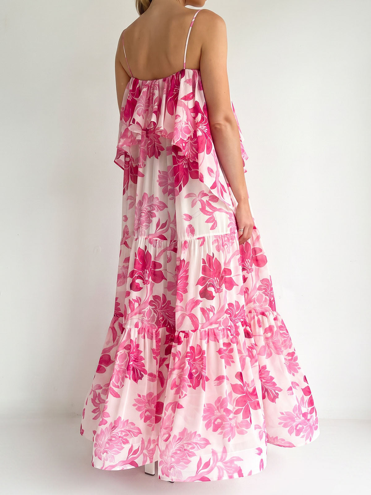 Vibrant Floral Print Square Neck Resort Tiered Ruffle Slip Maxi Dress