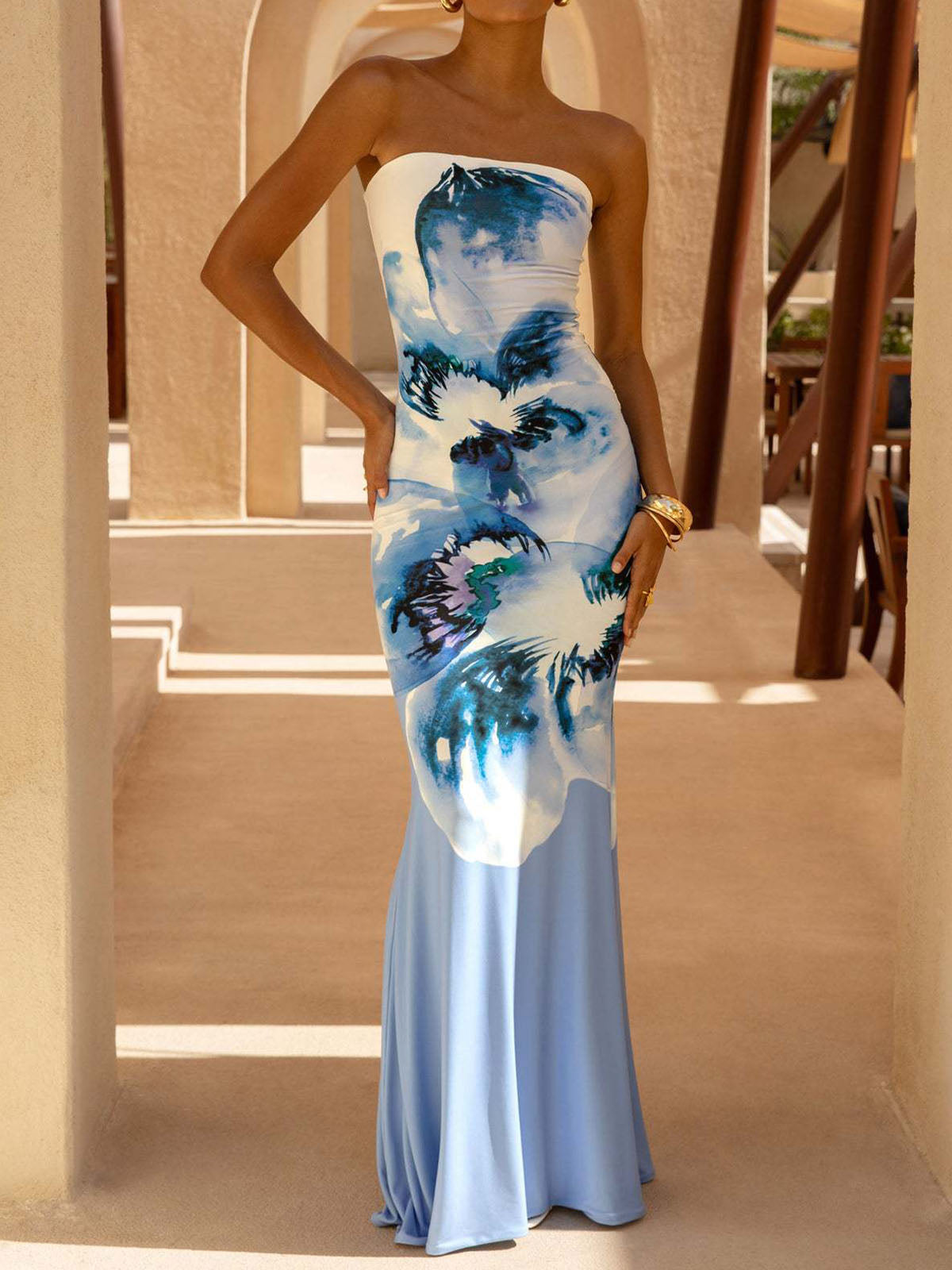 Vibrant Ombre & Floral A Line Summer Resort Strapless Maxi Dress