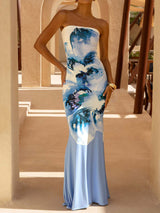 Vibrant Ombre & Floral A Line Summer Resort Strapless Maxi Dress