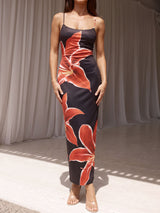 Vibrant Scoop Spaghetti Strap Bodycon Resort Floral Print Maxi Dress