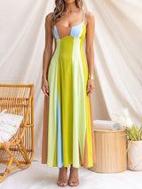 Vibrant Stripe Panel Scoop Neck Empire Waist Resort Slip Midi Dress