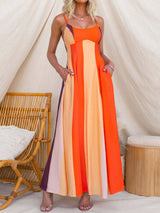 Vibrant Stripe Panel Scoop Neck Empire Waist Resort Slip Midi Dress