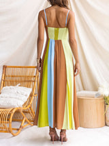 Vibrant Stripe Panel Scoop Neck Empire Waist Resort Slip Midi Dress