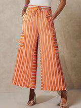 Vibrant Striped Tie High Waist Cargo Pocket Resort Wide Leg Pants