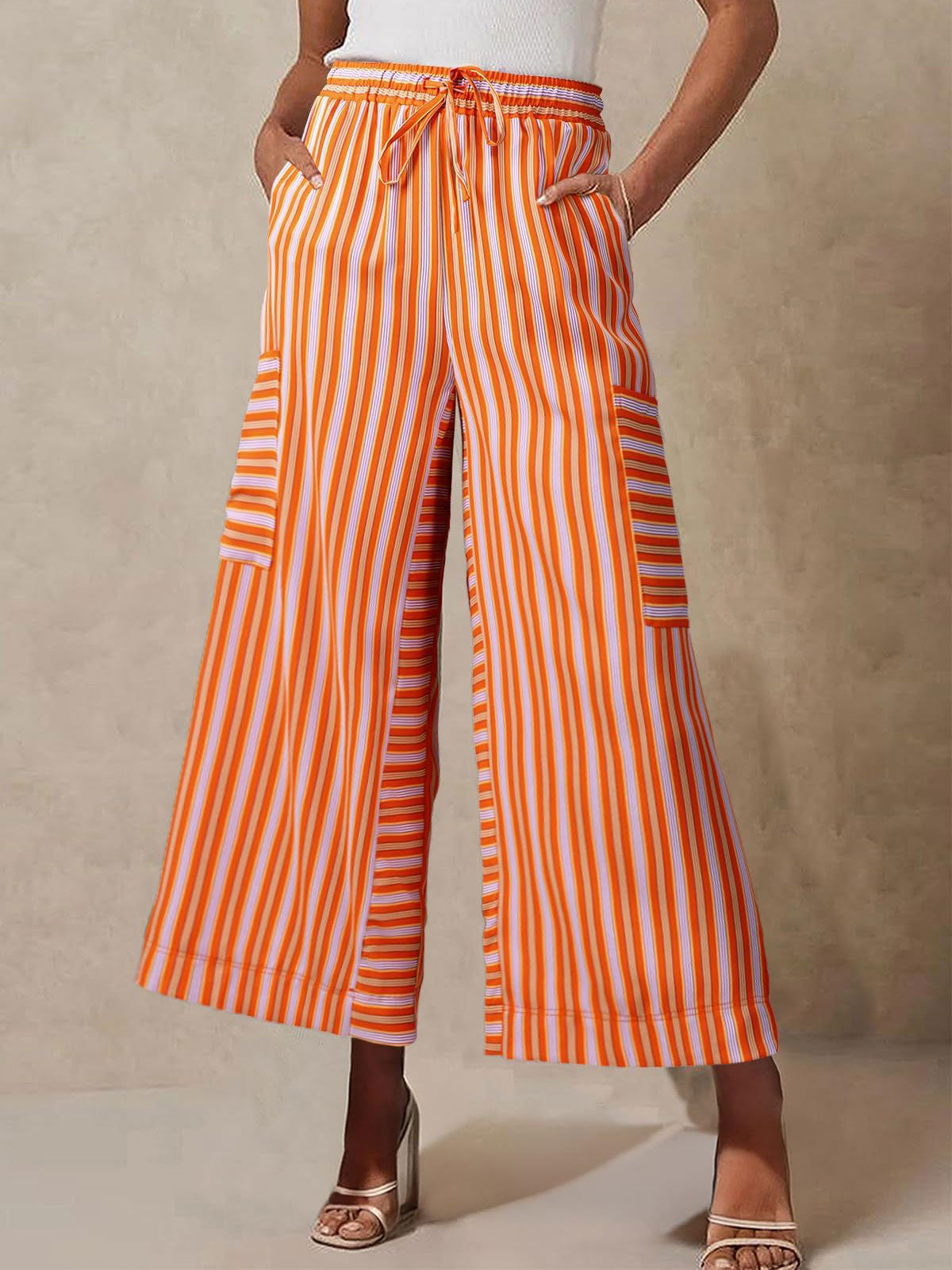 Vibrant Striped Tie High Waist Cargo Pocket Resort Wide Leg Pants