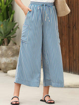 Vibrant Striped Tie High Waist Cargo Pocket Resort Wide Leg Pants