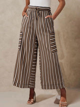 Vibrant Striped Tie High Waist Cargo Pocket Resort Wide Leg Pants