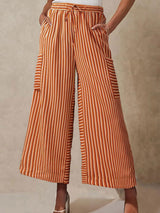 Vibrant Striped Tie High Waist Cargo Pocket Resort Wide Leg Pants