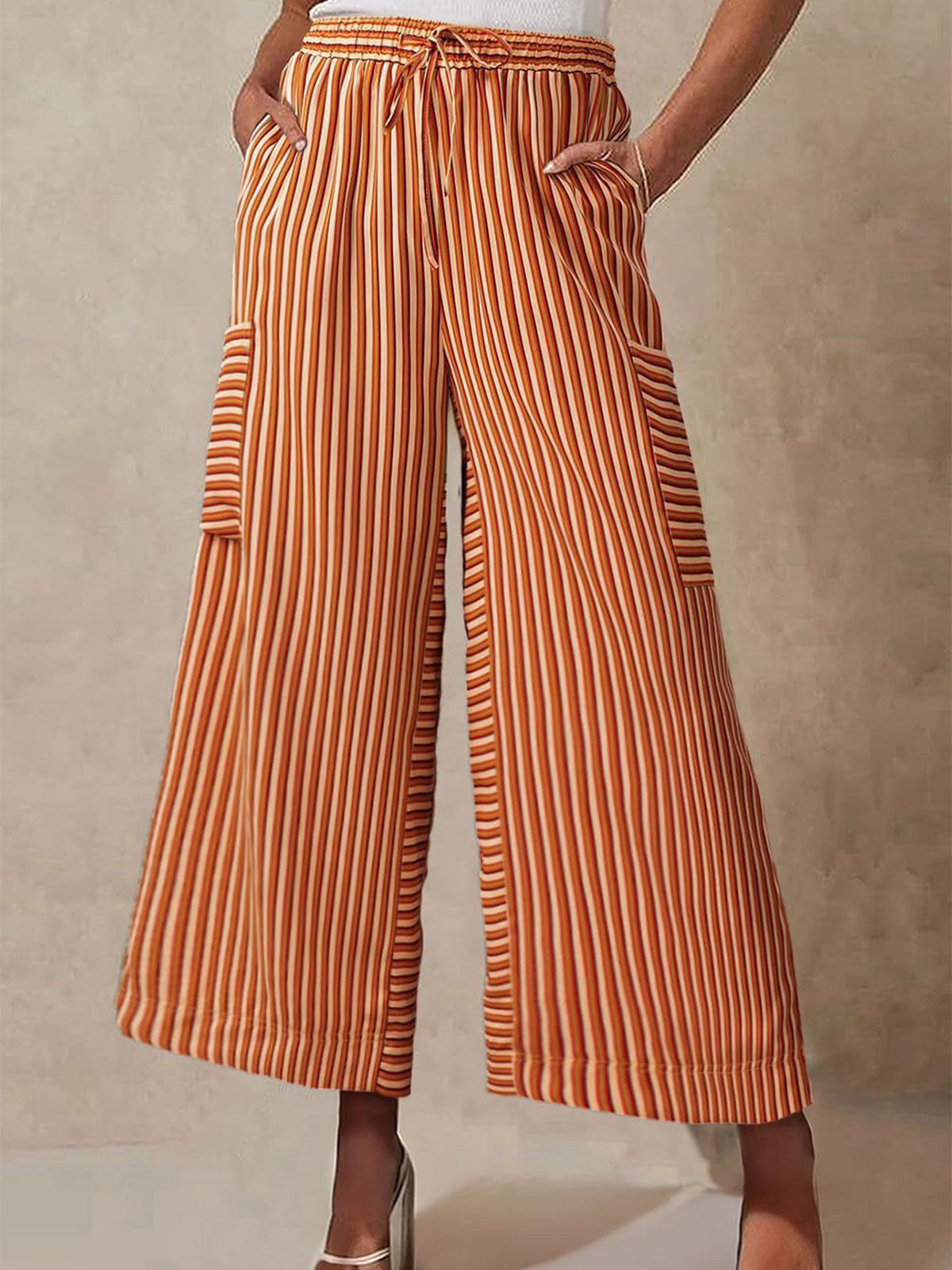 Vibrant Striped Tie High Waist Cargo Pocket Resort Wide Leg Pants