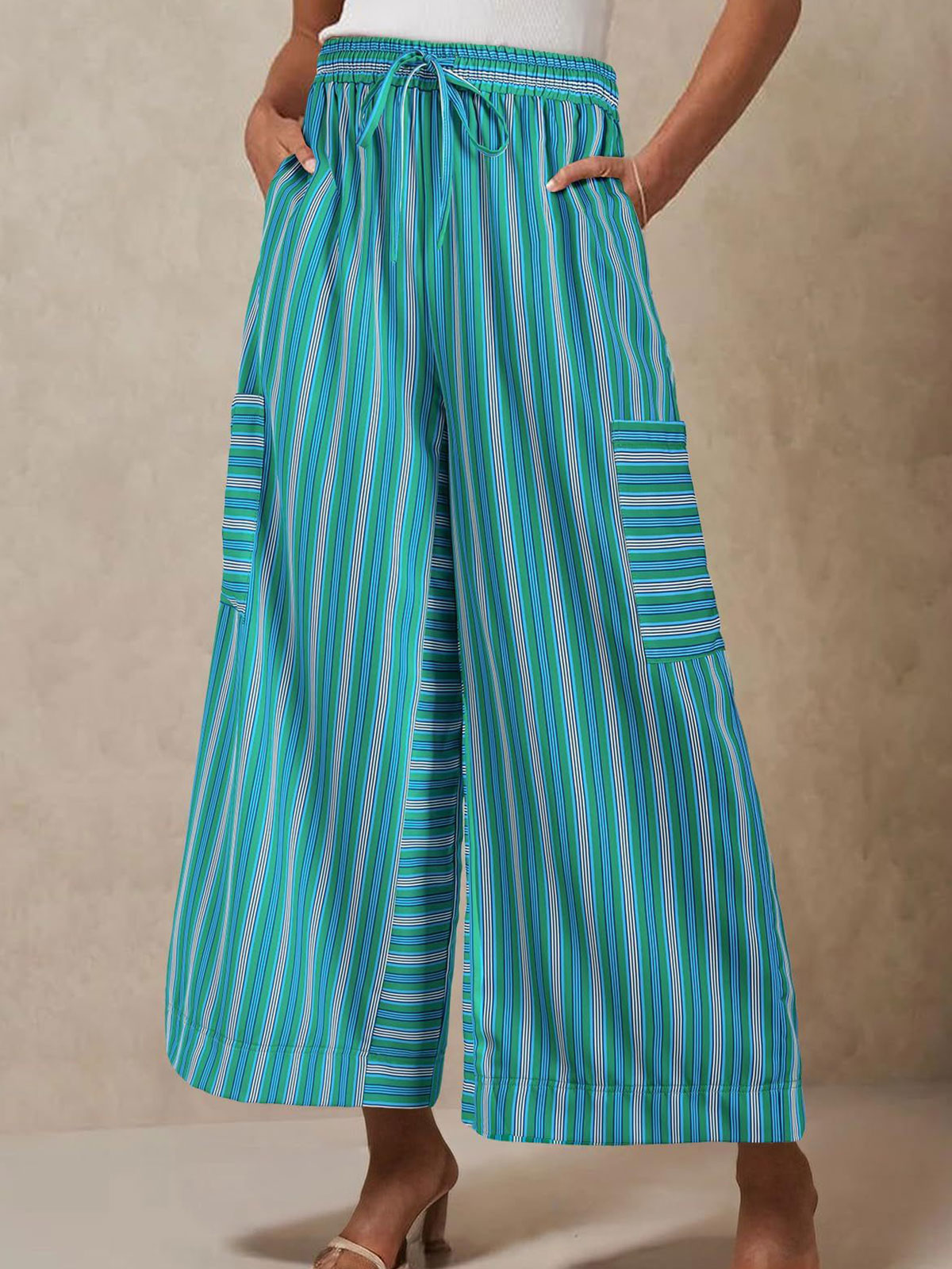 Vibrant Striped Tie High Waist Cargo Pocket Resort Wide Leg Pants