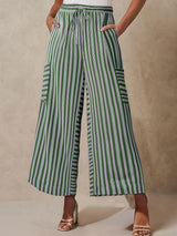 Vibrant Striped Tie High Waist Cargo Pocket Resort Wide Leg Pants