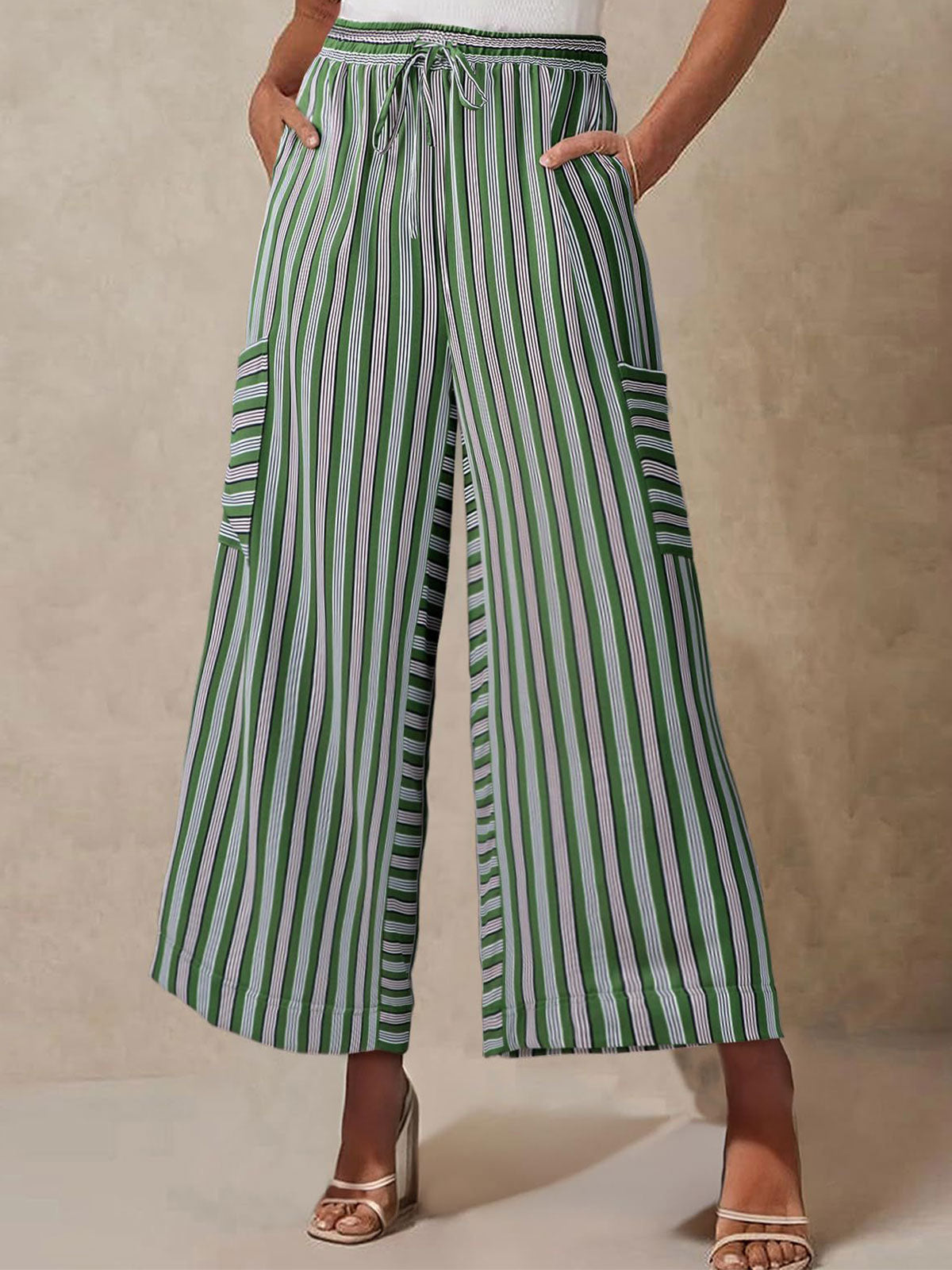 Vibrant Striped Tie High Waist Cargo Pocket Resort Wide Leg Pants