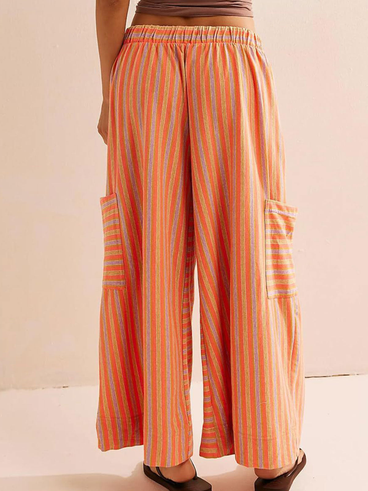 Vibrant Striped Tie High Waist Cargo Pocket Resort Wide Leg Pants