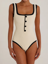 Vintage Ribbed Button Trim Contrast Square Neck One Piece Swimsuit