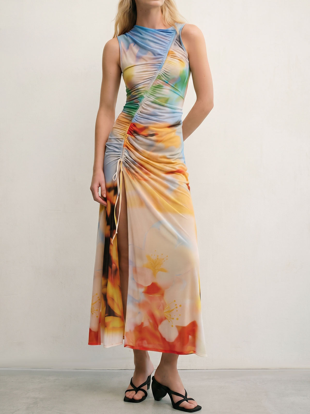 Watercolor Floral Crew Neck Ruched Tie High Slit Sleeveless Maxi Dress