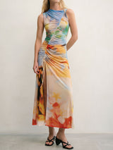 Watercolor Floral Crew Neck Ruched Tie High Slit Sleeveless Maxi Dress