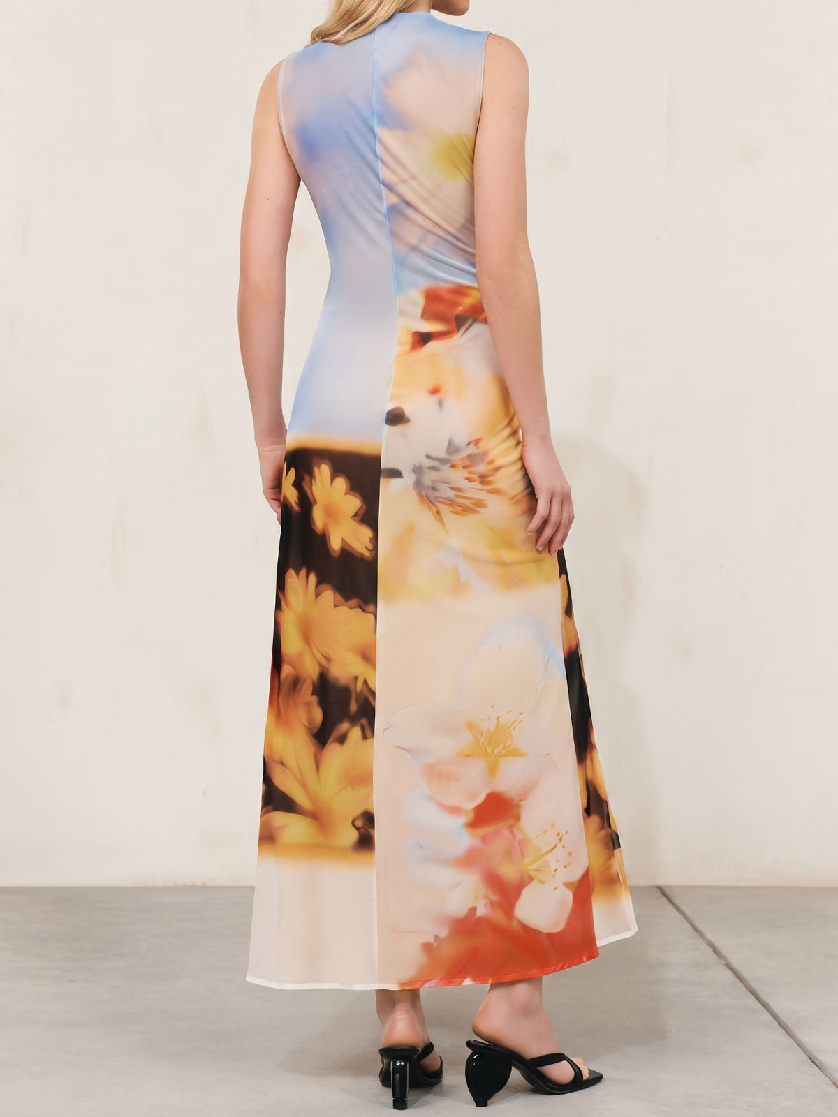 Watercolor Floral Crew Neck Ruched Tie High Slit Sleeveless Maxi Dress