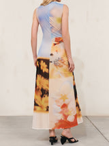 Watercolor Floral Crew Neck Ruched Tie High Slit Sleeveless Maxi Dress