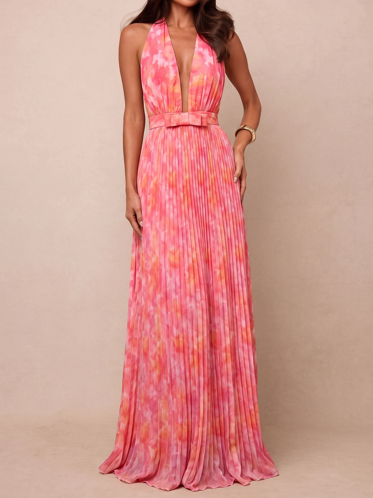 Watercolor Print Plunge Halter Bow Waist Backless Pleated Maxi Dress