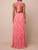Watercolor Print Plunge Halter Bow Waist Backless Pleated Maxi Dress