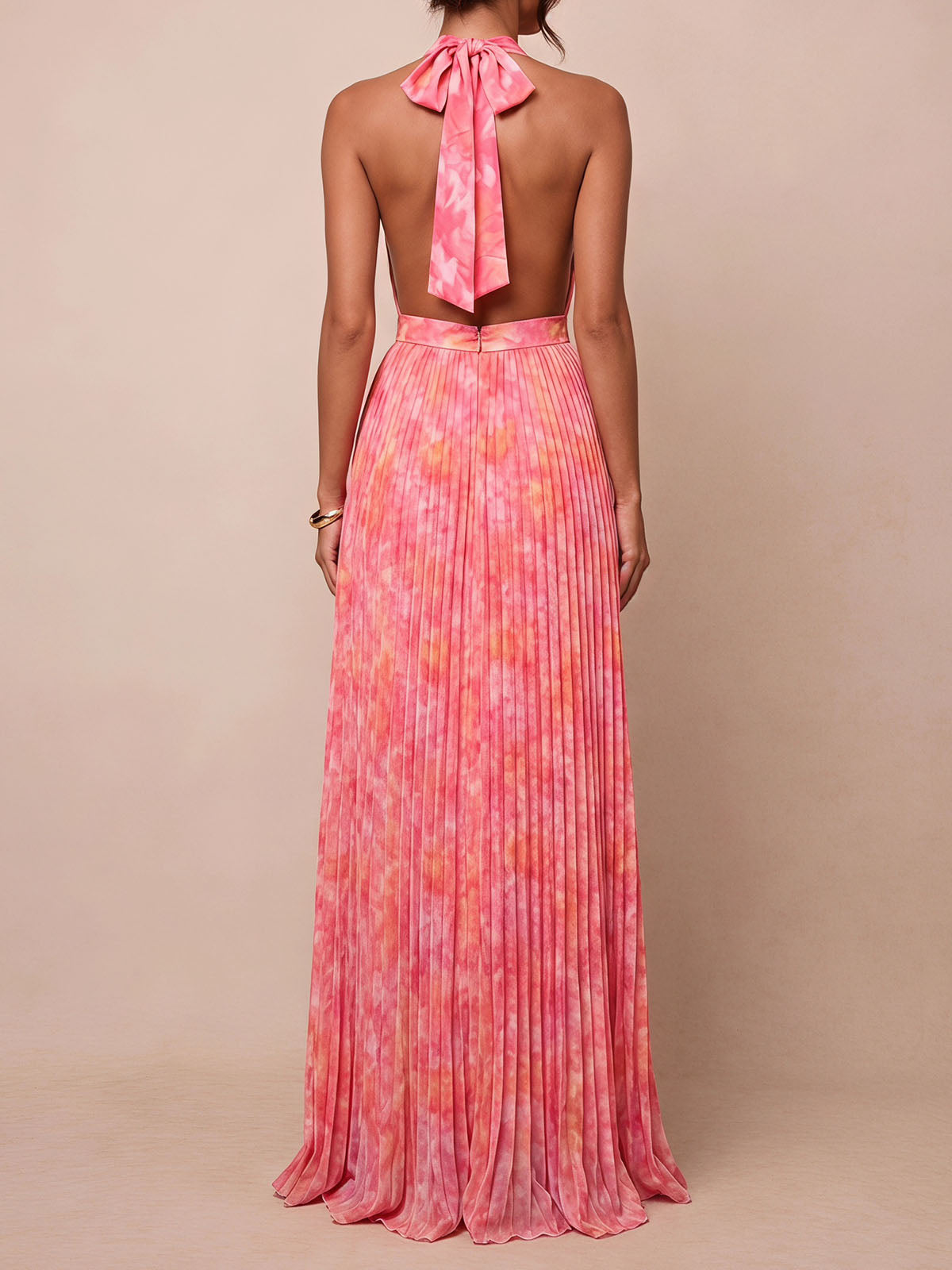 Watercolor Print Plunge Halter Bow Waist Backless Pleated Maxi Dress