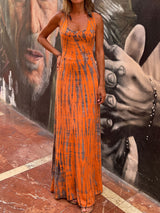 Waterfall Tie Dye Print Criss Cross Back Resort Summer Tank Maxi Dress