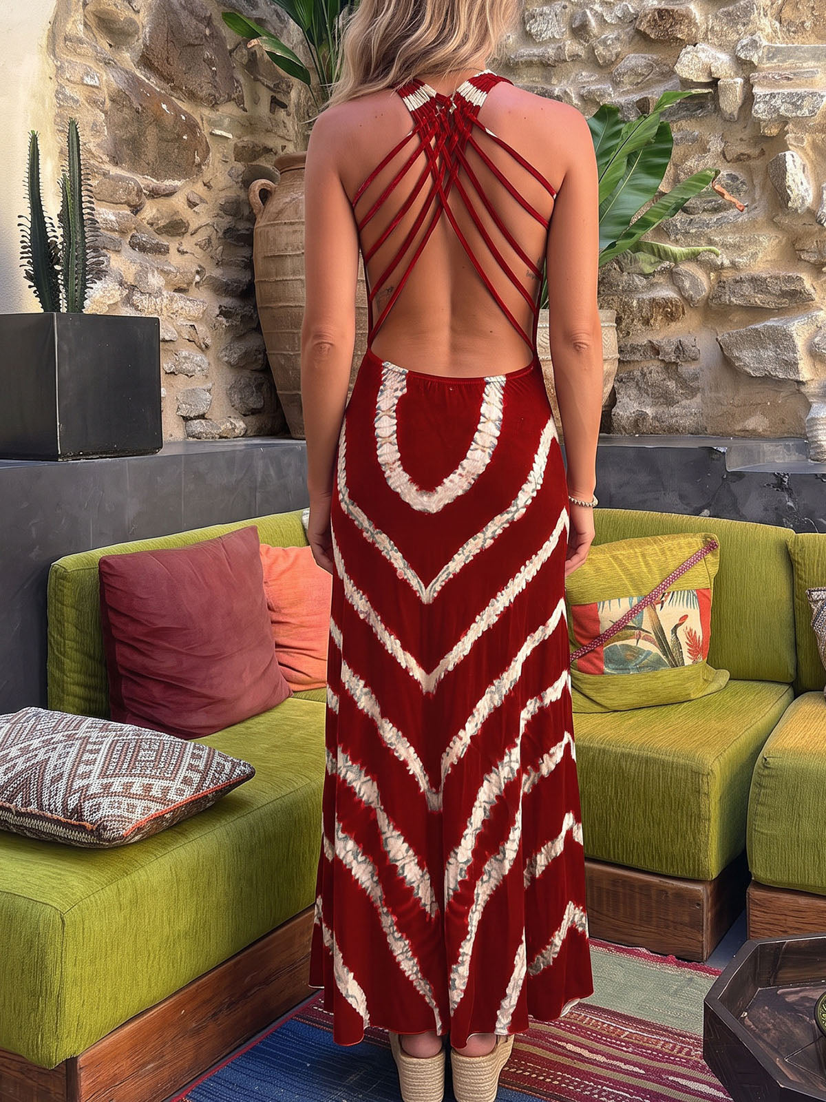 Wavy Tie Dye Print Criss Cross Back Resort Summer Tank Maxi Dress